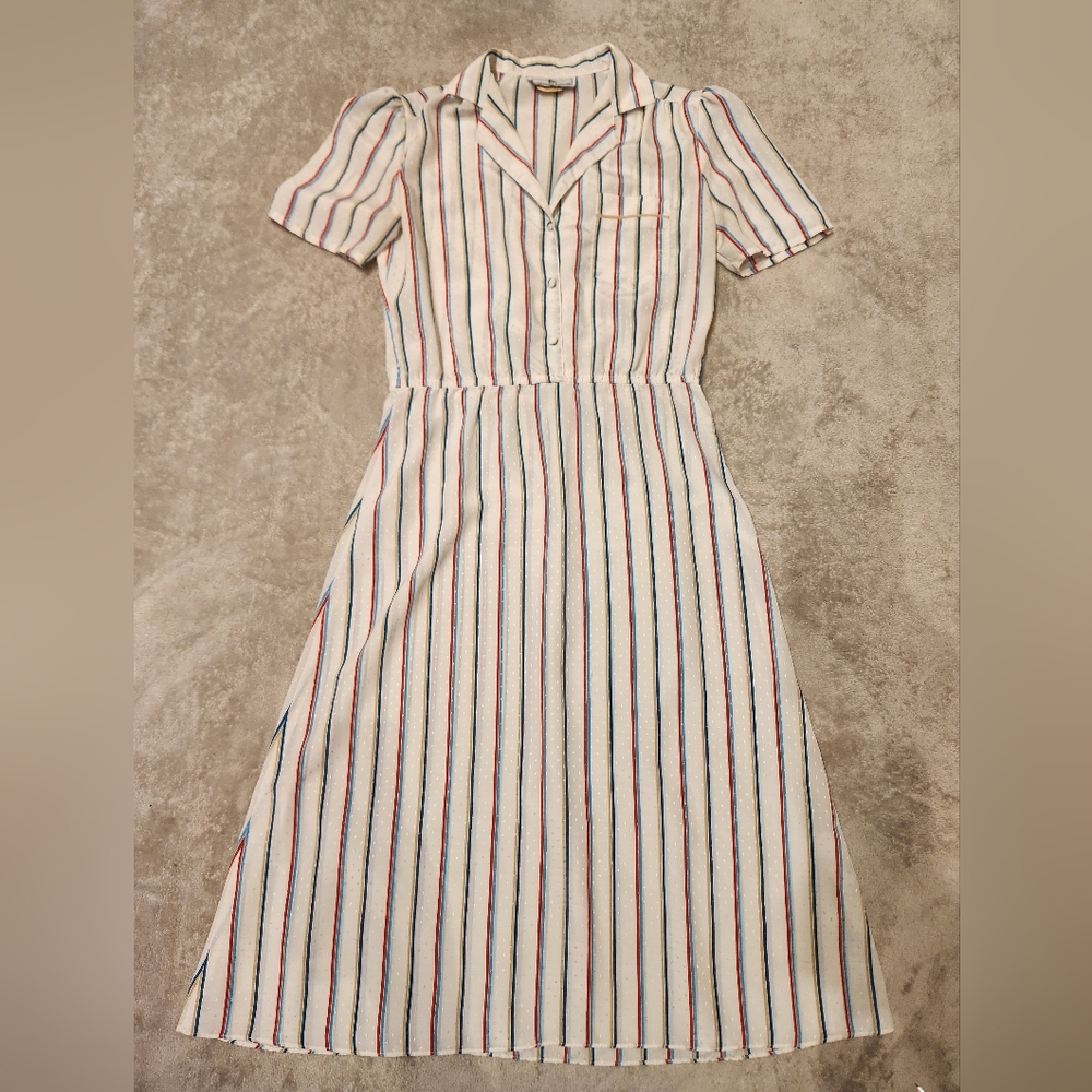 Vintage Jonathan Martin 1980s Multicolor Striped Colared Midi Dress